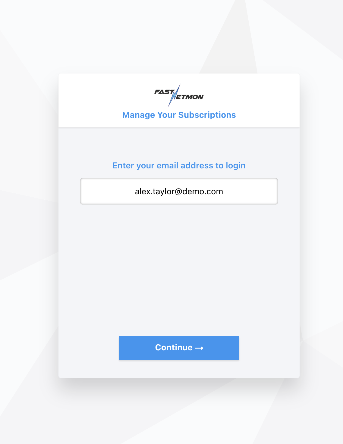 Modal login: Manage Your Subscriptions with email field showing alex.taylor@demo.com and a Continue button