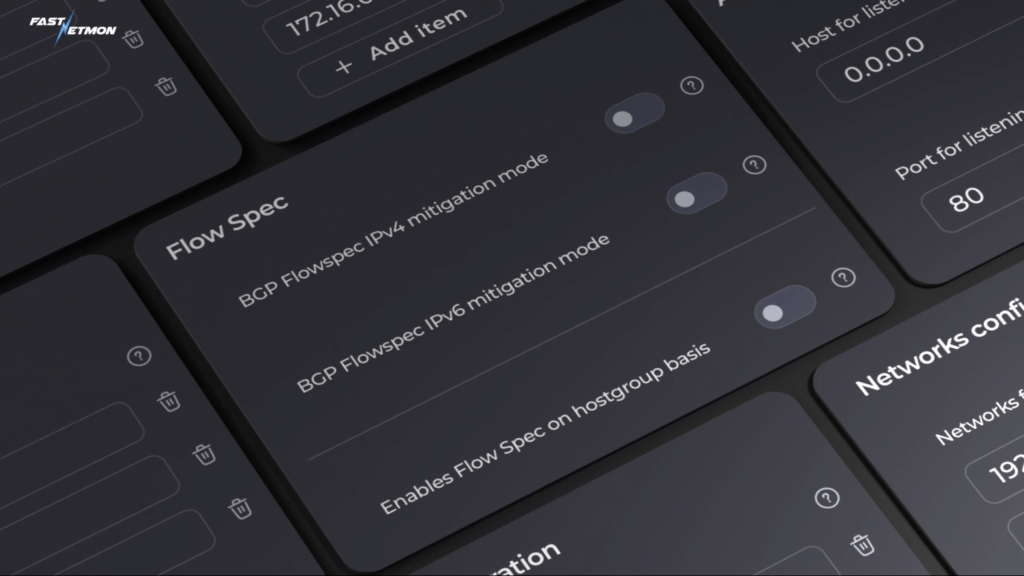 Close-up of a dark network dashboard showing Flow Spec settings with toggle switches labeled 'BGP Flowspec IPv4 mitigation mode' and related options, on a tilted UI layout with a FastNetMon logo in the corner.
