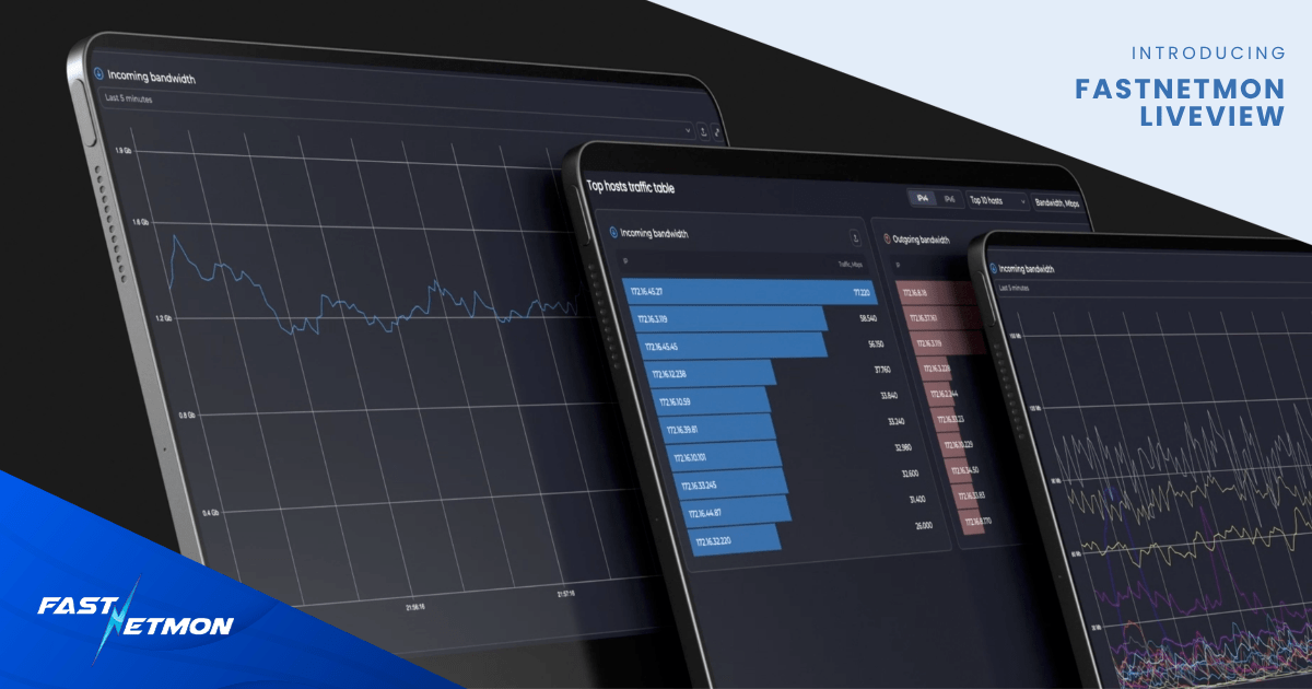 Promotional banner for FastNetMon LiveView showing three monitors with network traffic graphs and bar charts.