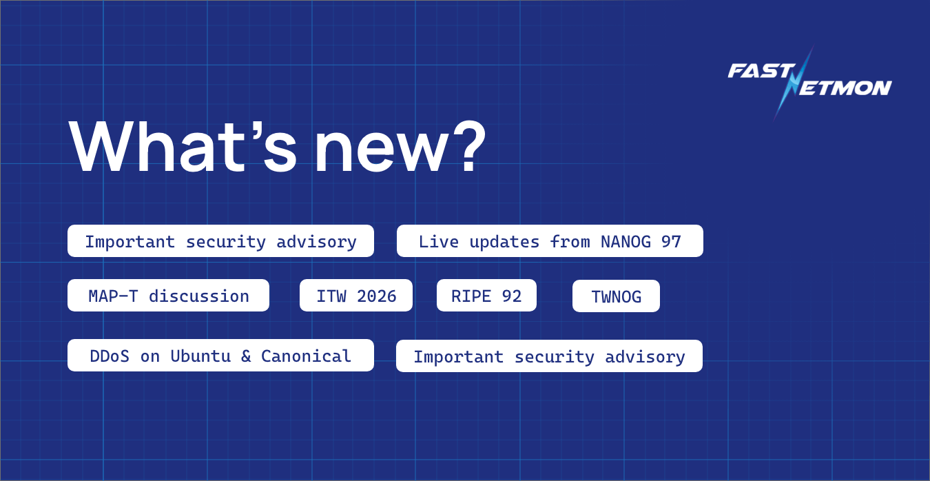 Blue grid banner with the heading "What’s new?" and rounded white tags listing topics like security advisories, NANOG 97 updates, and various tech notes.