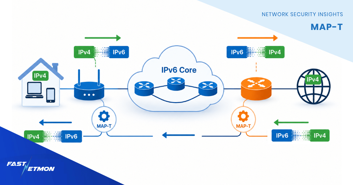 MAP-T IPv4/IPv6 network diagram: home network connects through MAP-T gateways to an IPv6 core and the Internet.