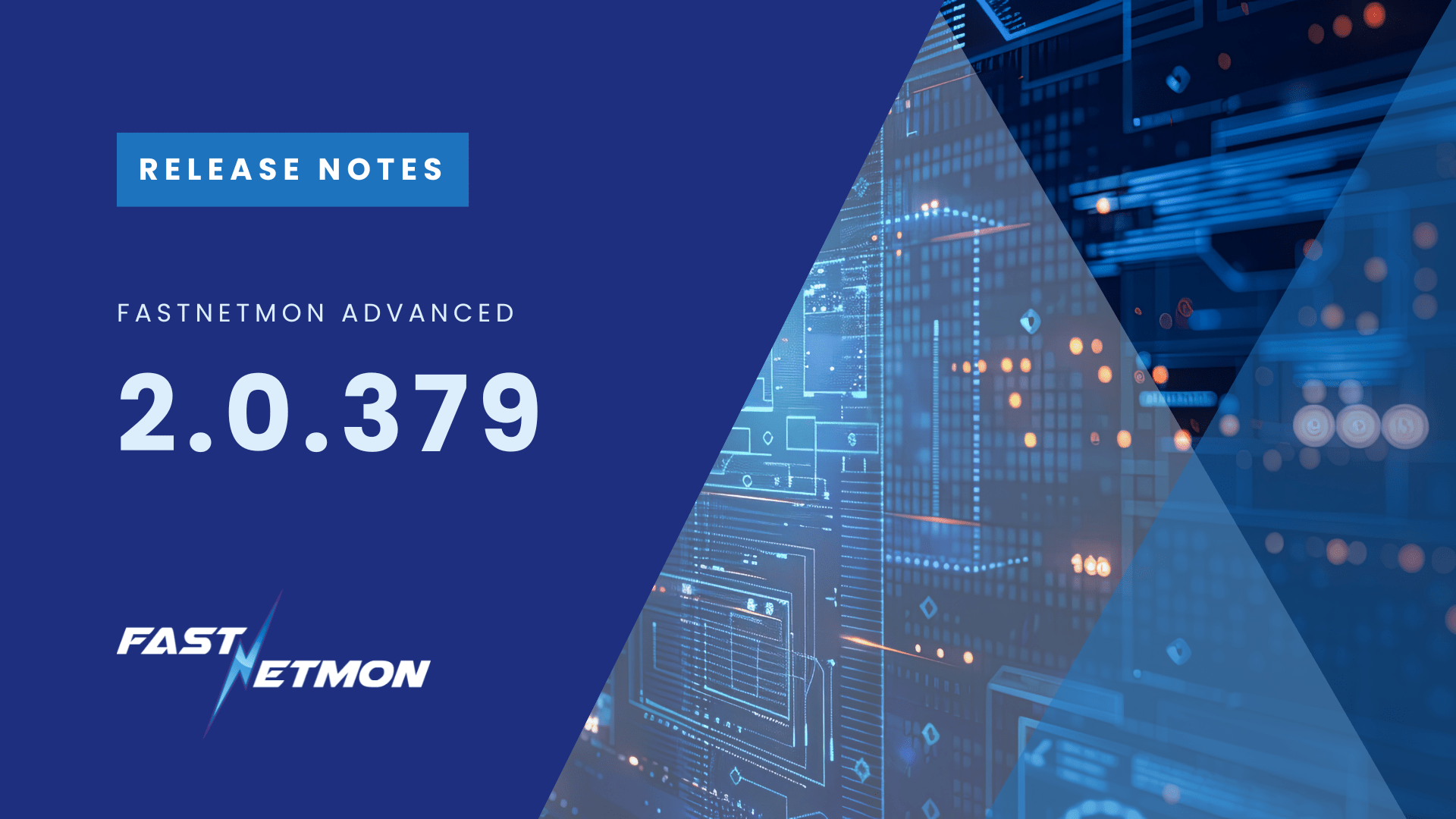 Release_notes_FastNetMon_Advanced_2.0.379 Release notes banner for FastNetMon Advanced 2.0.379 on a blue geometric background with circuit imagery and logo.
