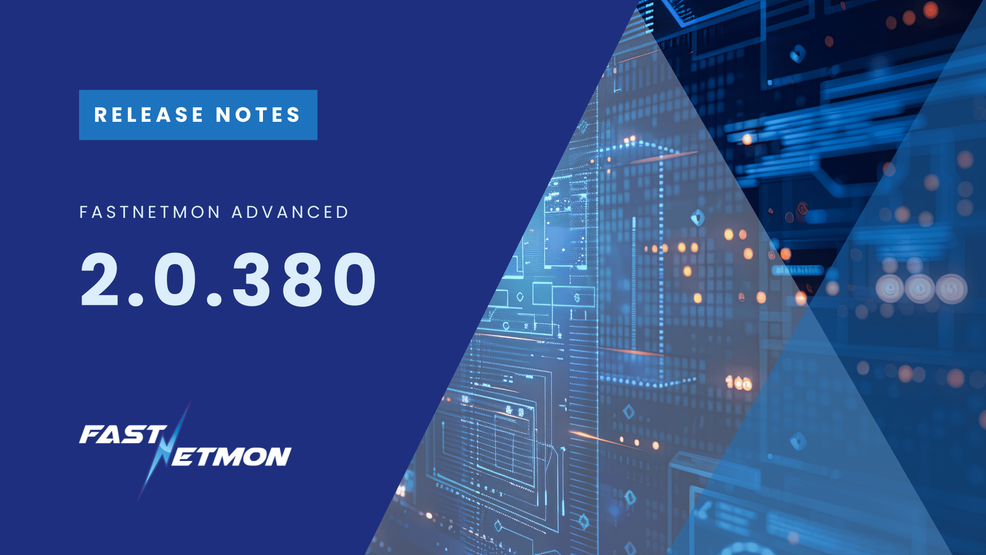 Release notes banner for FastNetMon Advanced version 2.0.380, featuring blue geometric shapes and a server/circuit background.