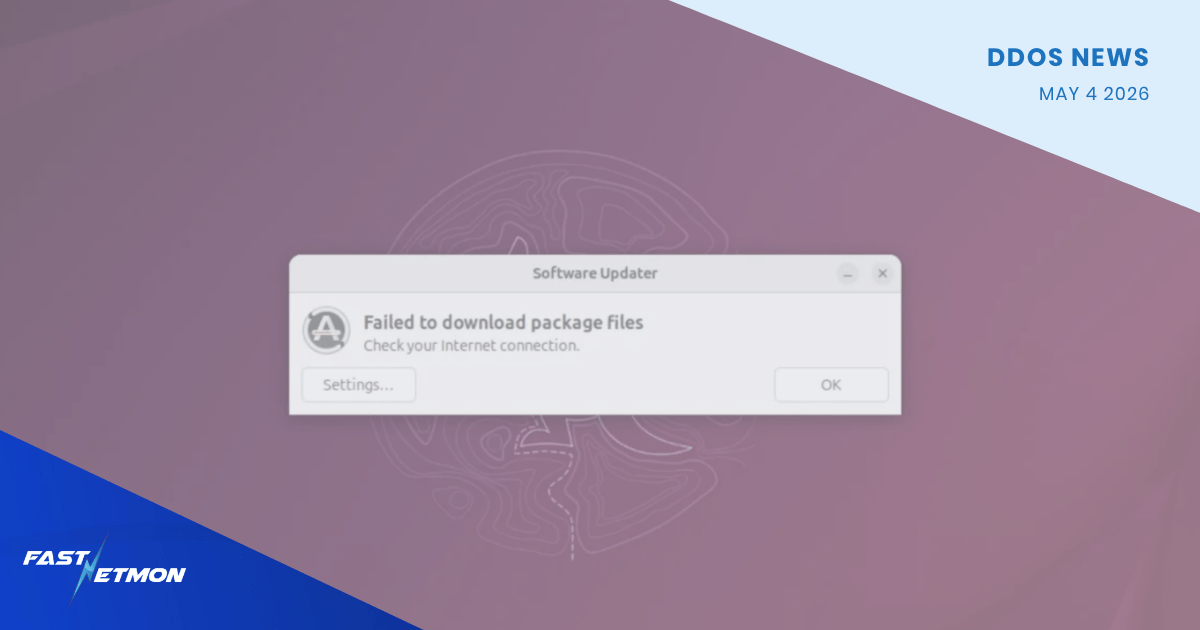 Popup from a Software Updater showing 'Failed to download package files' and 'Check your Internet connection' over a purple gradient background.