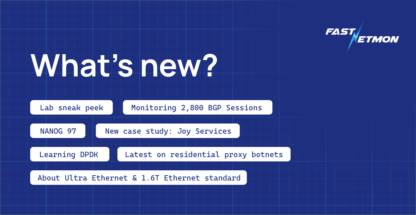 Blue grid banner with 'What’s new?' and white rounded topic chips listing items like 'Lab sneak peek' and 'Monitoring 2,800 BGP Sessions' with a FastNetMon logo in the top-right corner.