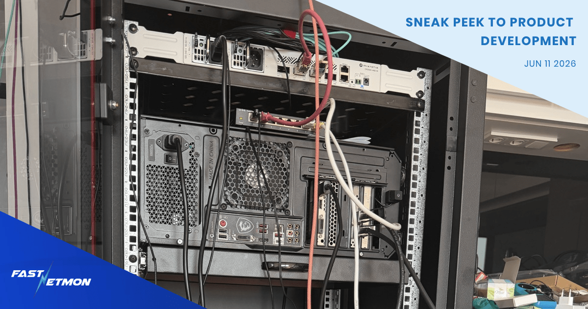 Server rack with multiple servers and tangled cables in a data center, used for a product development article.