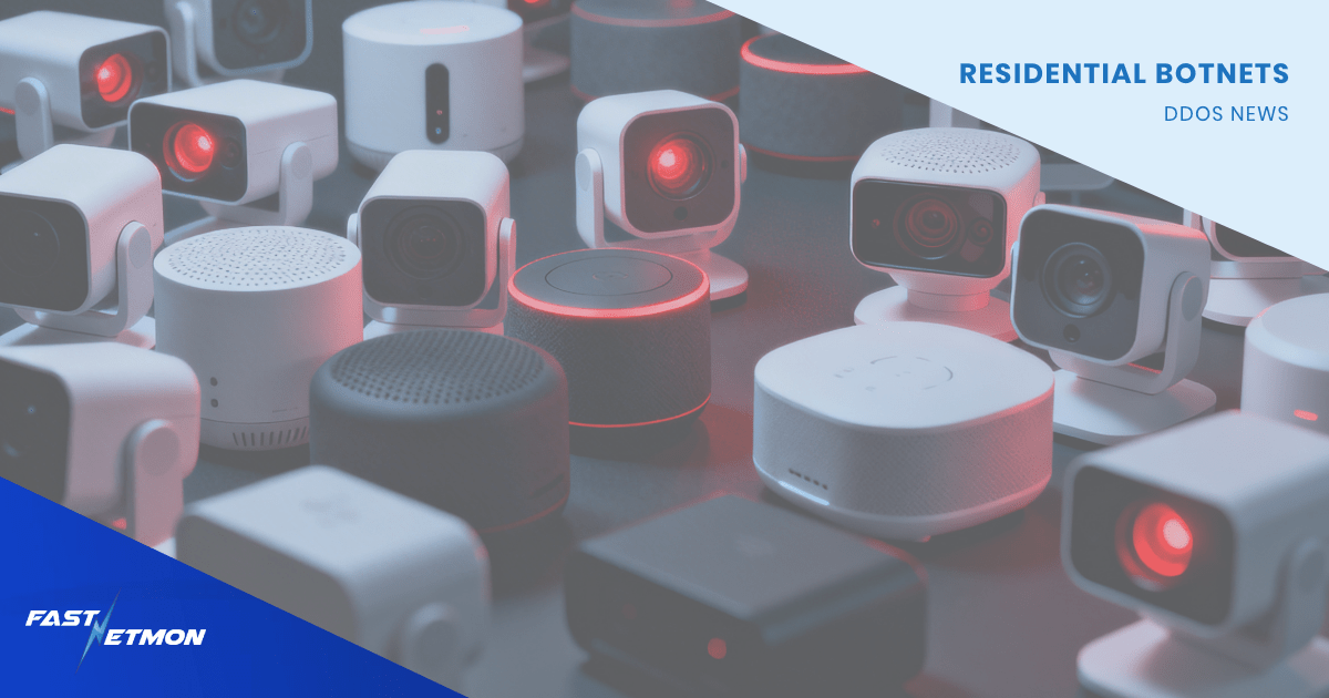Hero banner for a DDOS News article showing a collage of security cameras and smart devices with a light blue ribbon reading 'RESIDENTIAL BOTNETS' and 'DDOS NEWS' at the top right.