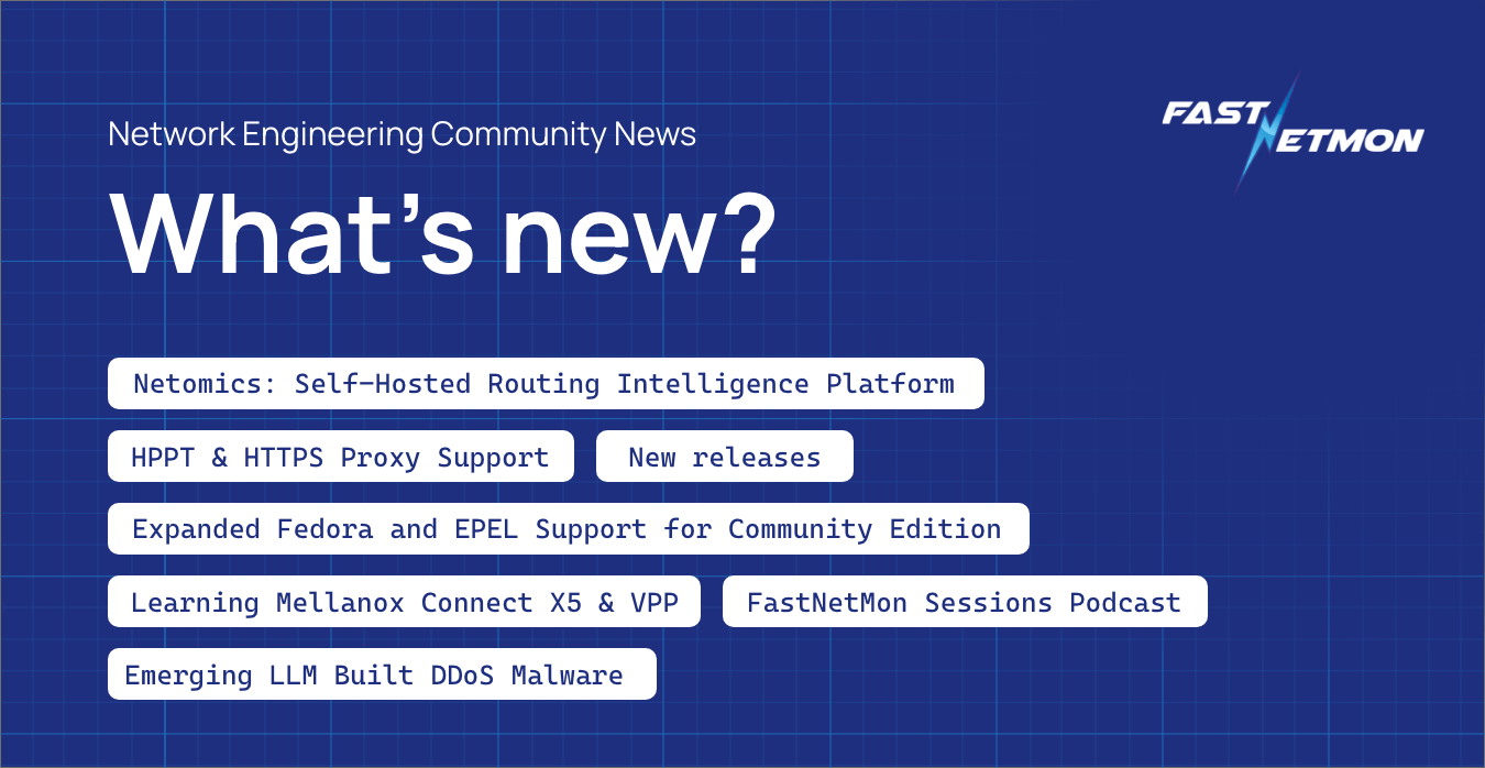 Blue grid background with 'What’s new?' headline and white rounded labels listing updates: Netomics: Self-Hosted Routing Intelligence Platform; HPPT & HTTPS Proxy Support; New releases; Expanded Fedora and EPEL Support for Community Edition; Learning Mellanox Connect X5 & VPP; FastNetMon Sessions Podcast; Emerging LLM Built DDoS Malware.