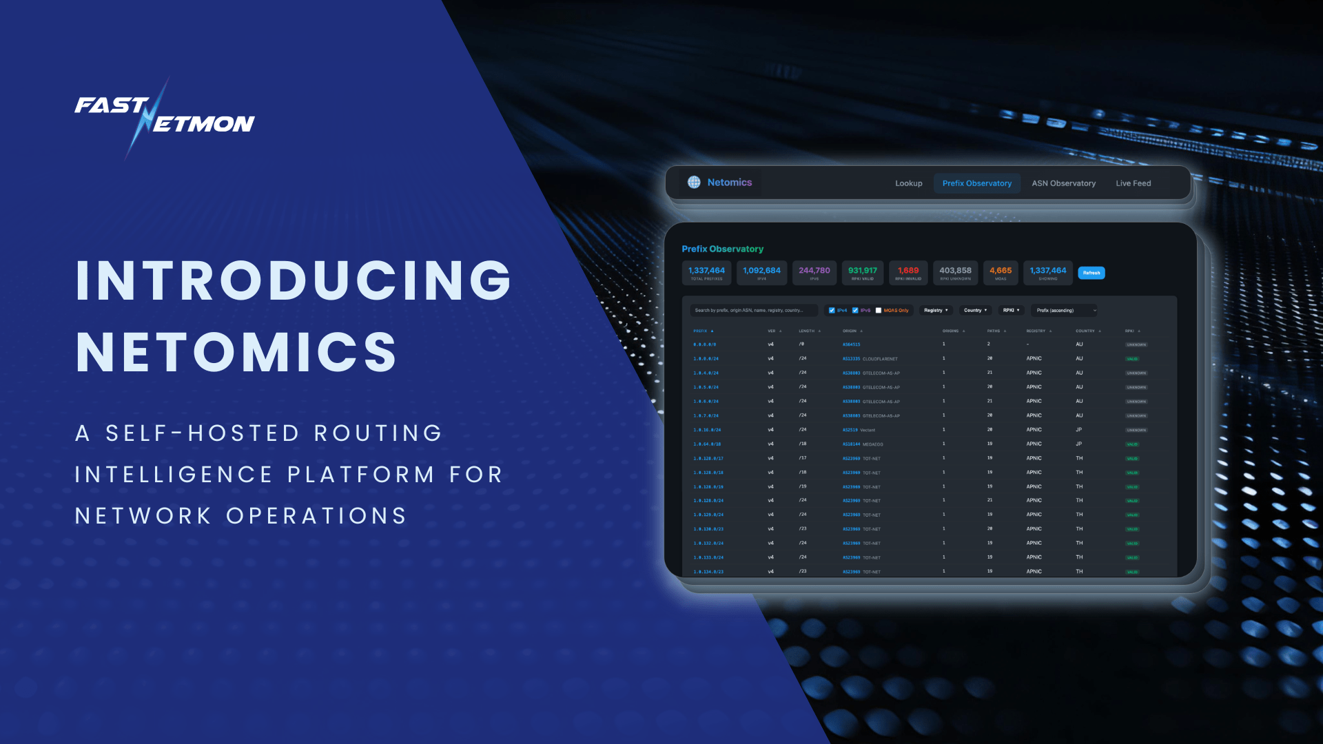 Intro banner announcing Netomics: bold blue left panel with the text 'INTRODUCING NETOMICS' and a dark dashboard screenshot on the right side.