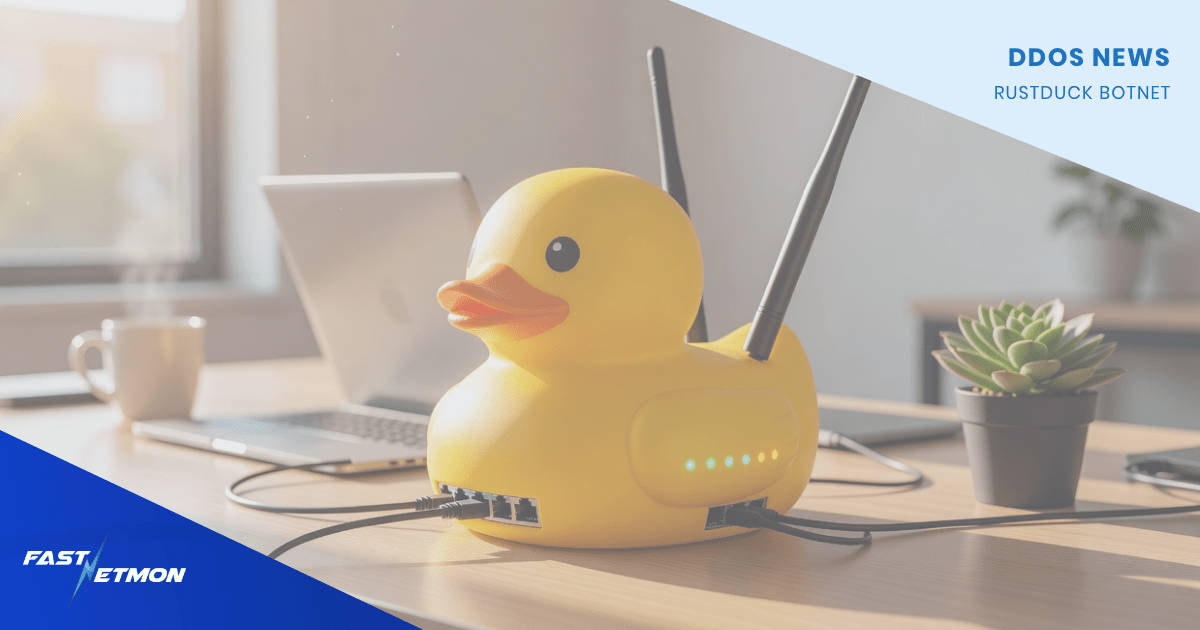 Yellow rubber duck networking device plugged into a desk setup with a laptop, coffee mug, and a small plant; blue banner reads DDOS NEWS at top right.