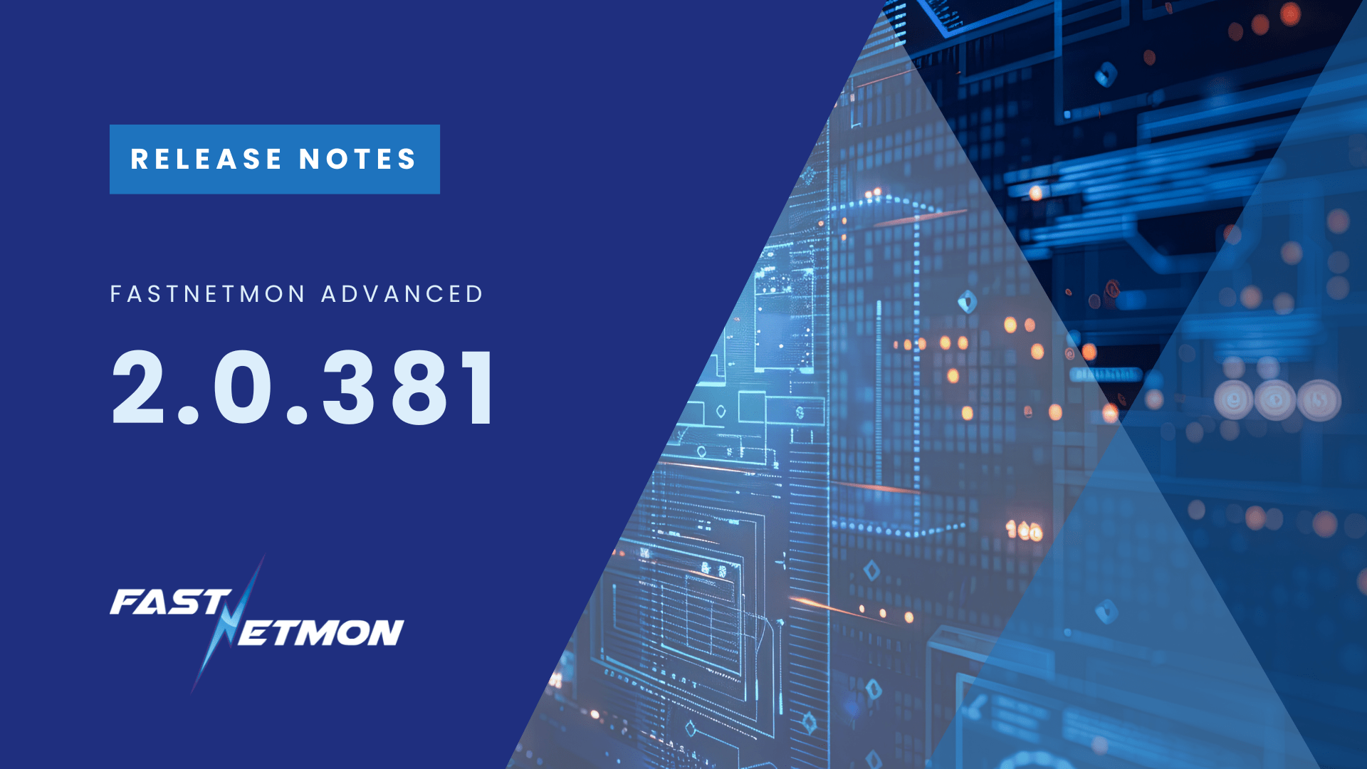 Release notes banner for FastNetMon Advanced, version 2.0.381, with a blue geometric background and circuit imagery on the right.