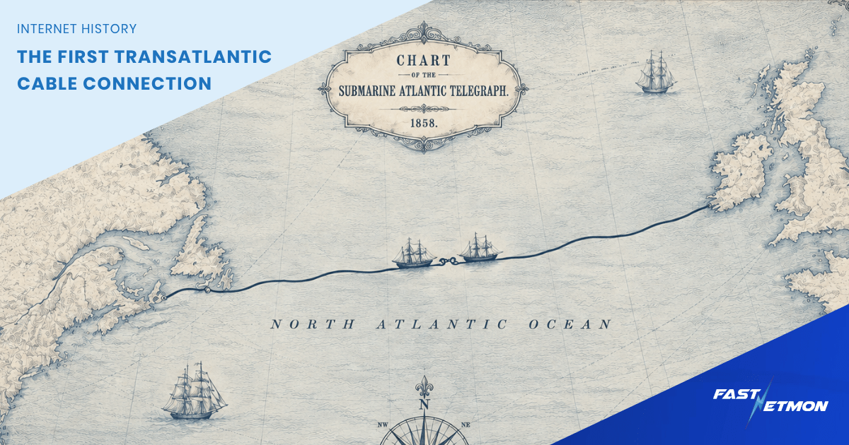 Map of the North Atlantic showing the first transatlantic cable route with ships and a decorative crest, labeled 'The First Transatlantic Cable Connection'.